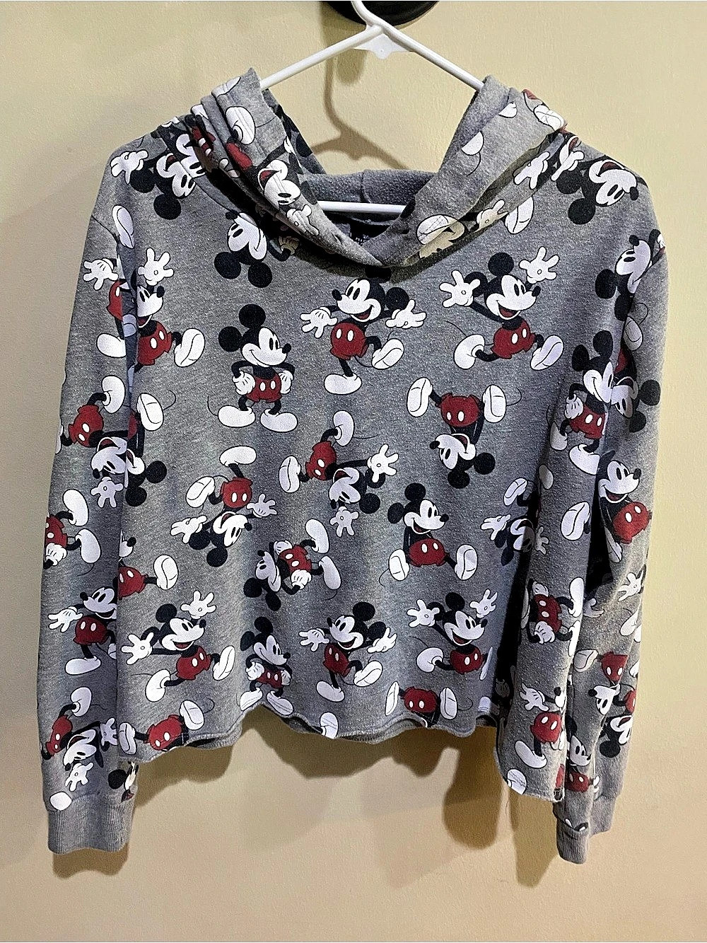 Disney Mickey Mouse All Over Print Cropped Hoodie in Gray & Red